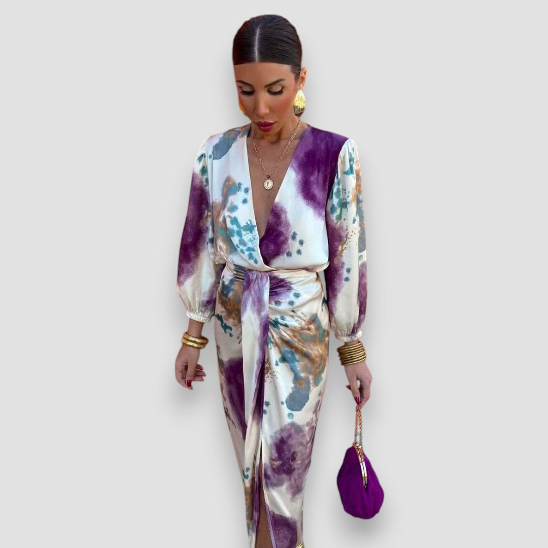 Two-piece set showing wrap V-neck blouse