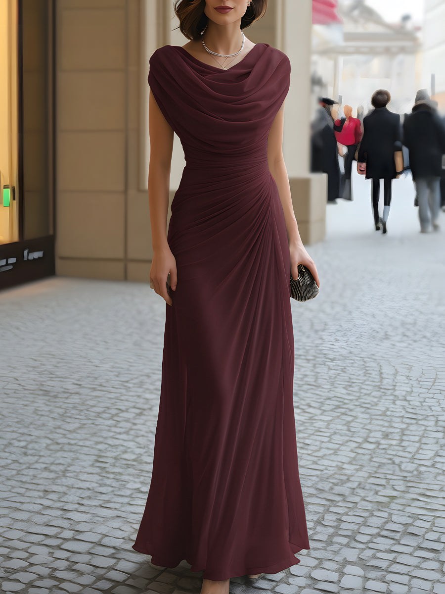 Draped cowl neck ruched maxi dress, detail view