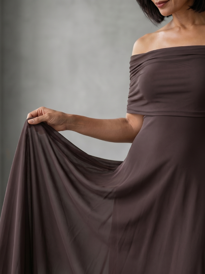 Draped off-shoulder midi dress, side view