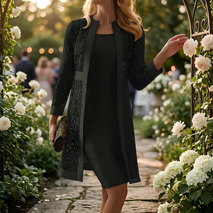 Two-piece lace evening dress in black, front view