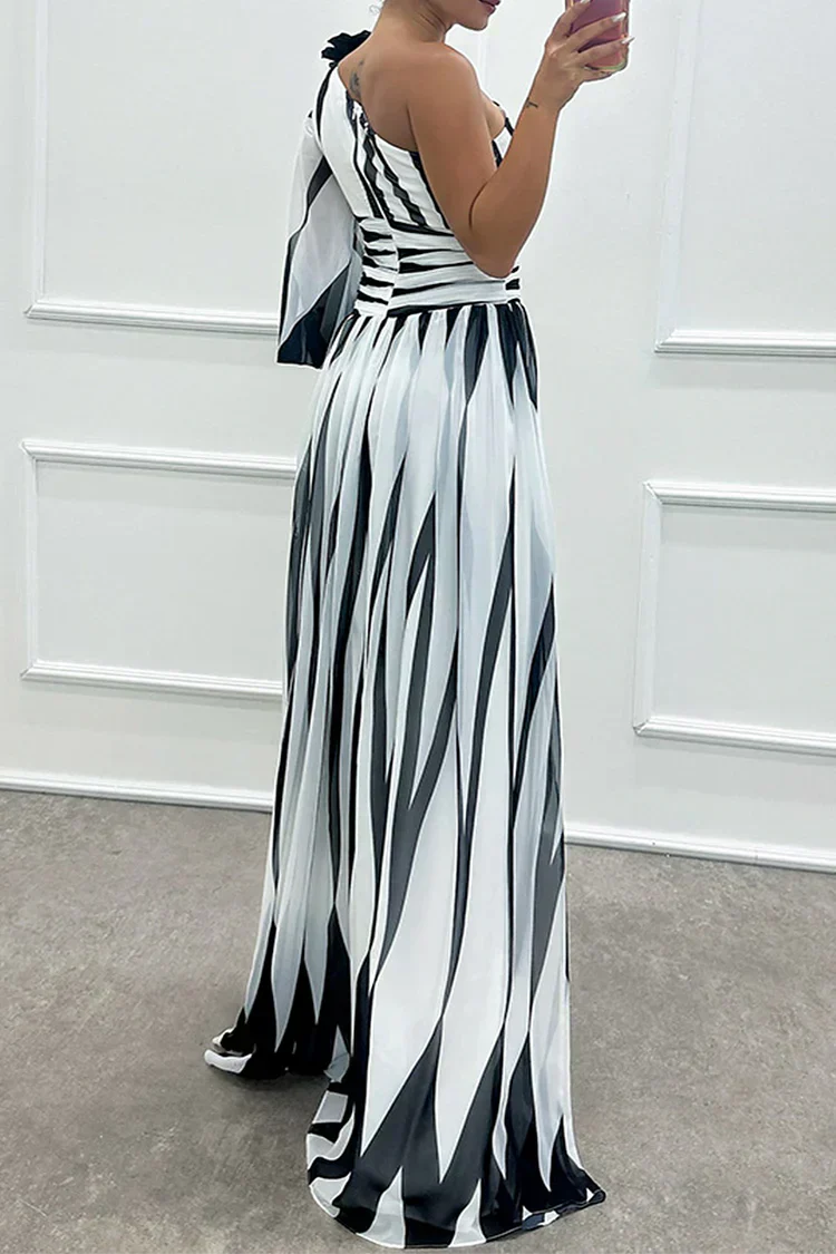 Coraline | Striped One-Shoulder Asymmetric Maxi Wedding Guest Dress