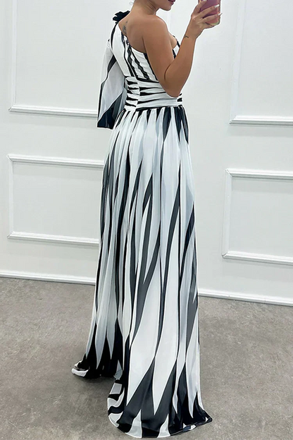 Coraline | Striped One-Shoulder Asymmetric Maxi Wedding Guest Dress