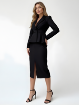 Double-breasted blazer and pencil skirt suit set in black, front view