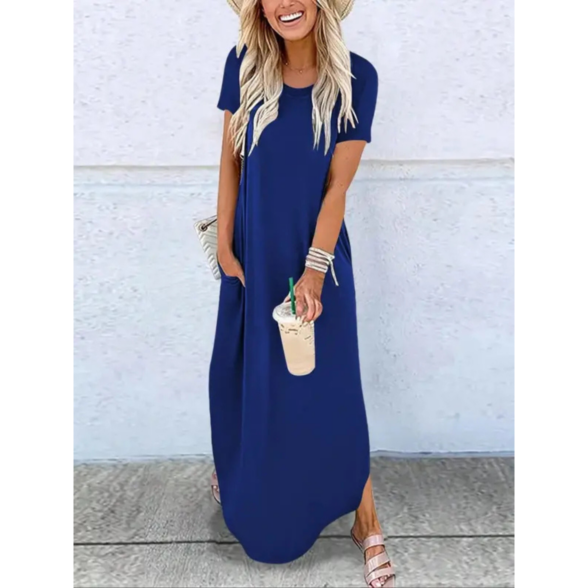 Casual round neck maxi dress front view