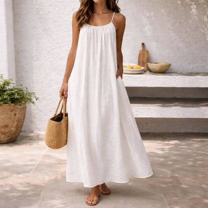 Lenoria | Linen Spaghetti Strap Maxi Sundress with Pockets