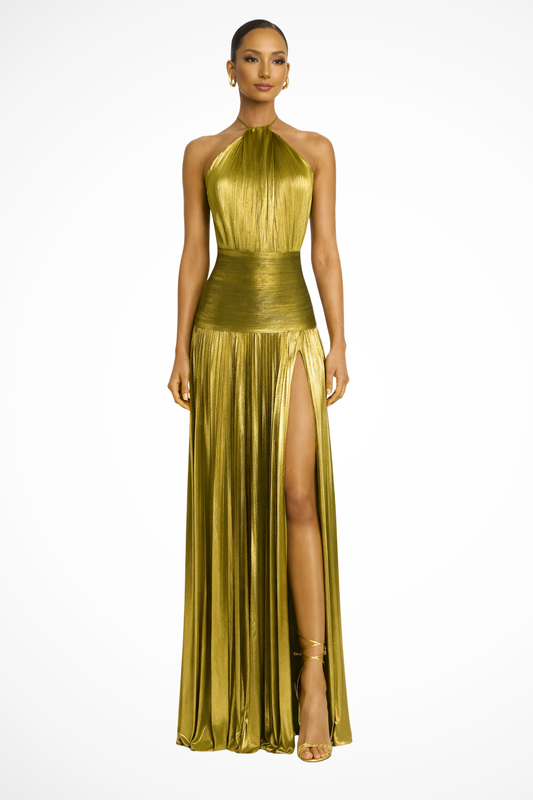 Harlow | Halter Pleated Satin Maxi Wedding Guest Dress