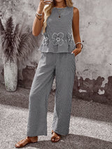 Embroidered top and wide-leg trouser set, front view