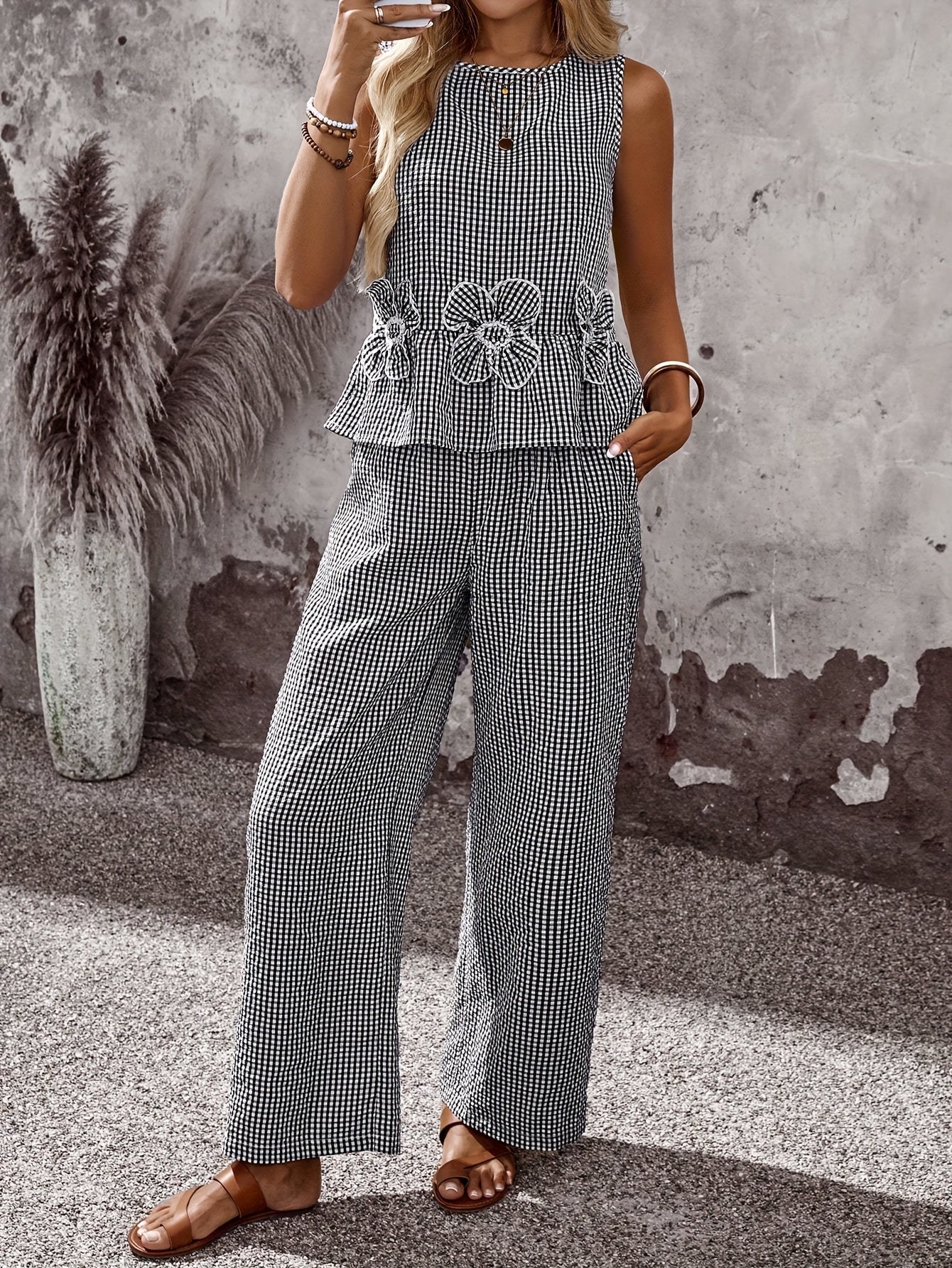 Embroidered top and wide-leg trouser set, front view