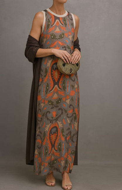 Boho print maxi dress with open-front coat