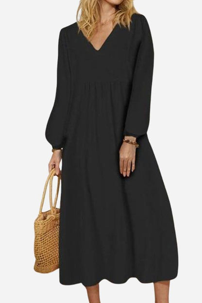 Amberly | V-Neck Smocked Balloon Sleeve Midi Dress