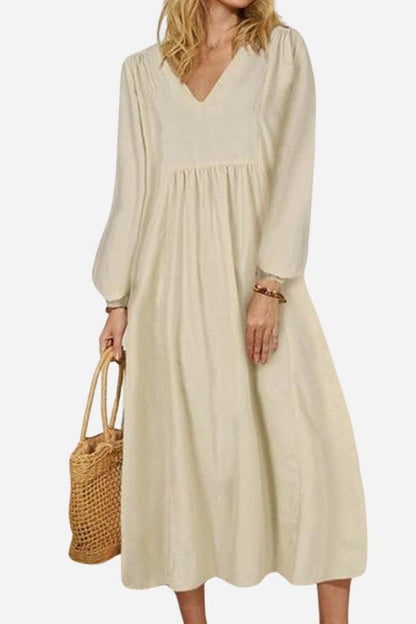 Amberly | V-Neck Smocked Balloon Sleeve Midi Dress