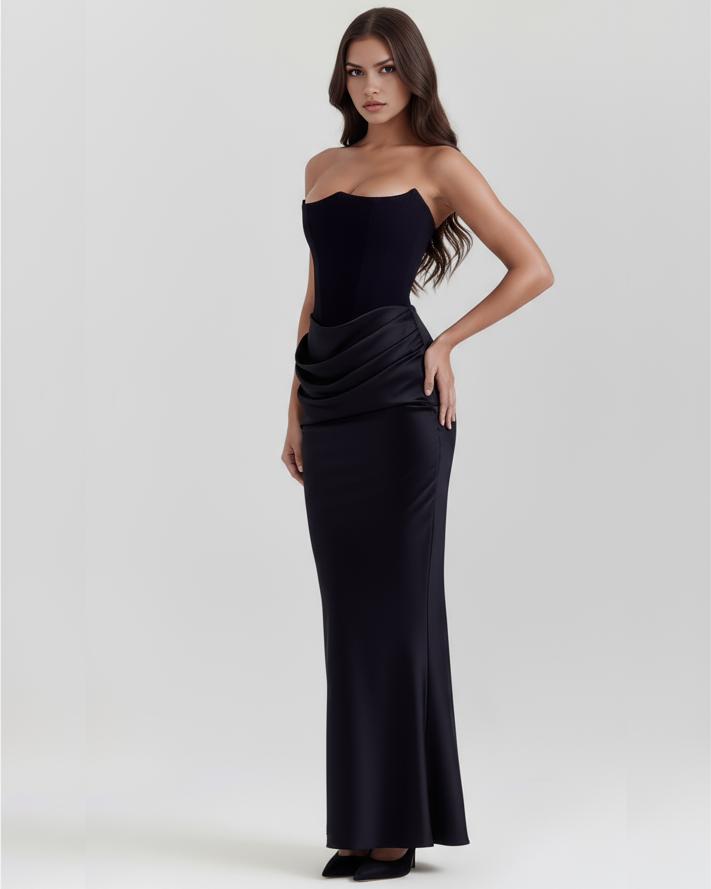 Honorine | Strapless Boned Bodice Stretch Crepe Maxi Evening Dress