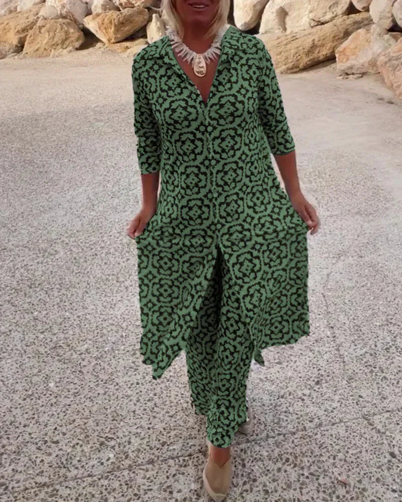 Geometric print two-piece set showing pattern detail