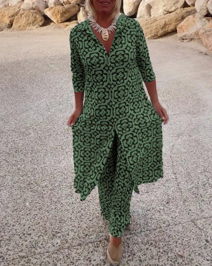 Geometric print two-piece set showing pattern detail