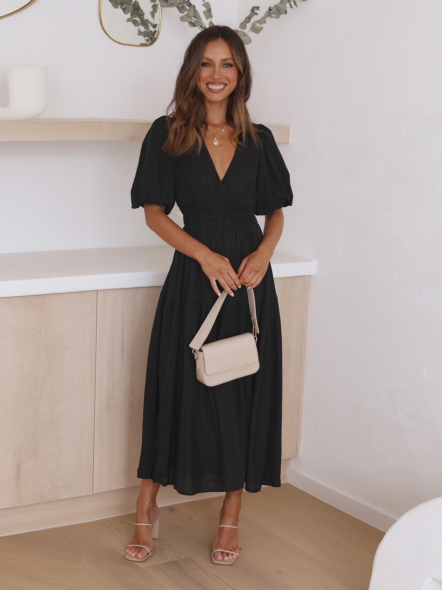 Noemie | V-Neck Puff Sleeve Smocked Midi Dress