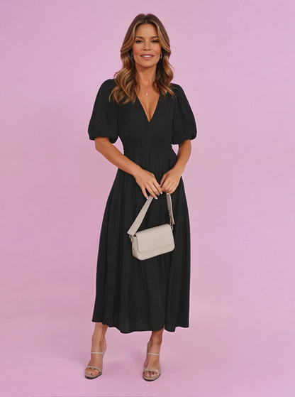 Noemie | V-Neck Puff Sleeve Smocked Midi Dress