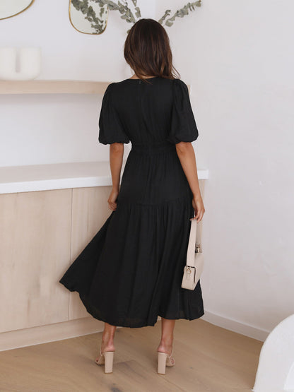 Noemie | V-Neck Puff Sleeve Smocked Midi Dress