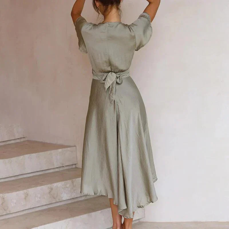 Satin V-neck midi dress side view