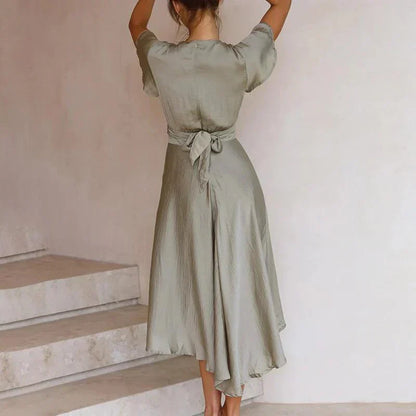 Satin V-neck midi dress side view