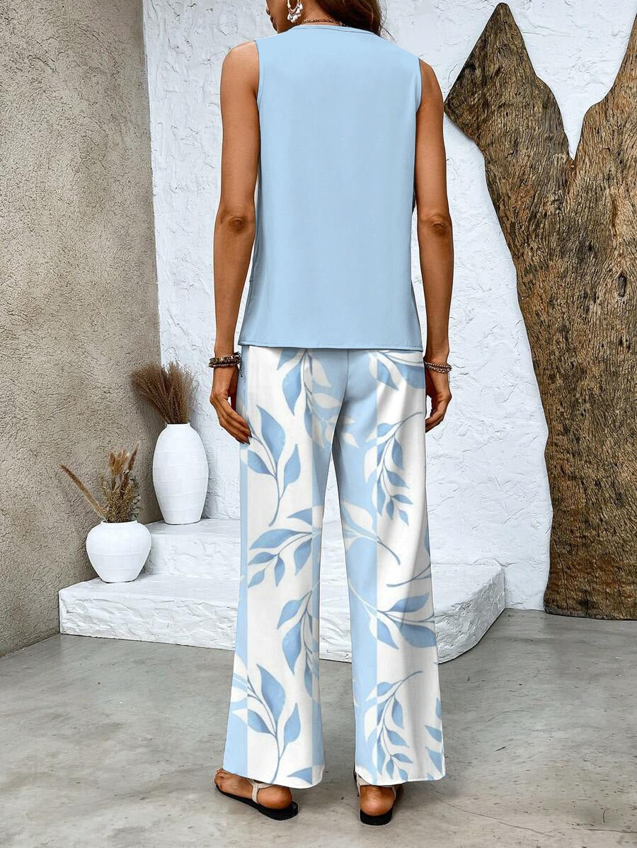 Brinley | Layered Sleeveless Top & Leaf Print Pant Set