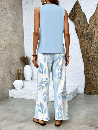 Brinley | Layered Sleeveless Top & Leaf Print Pant Set