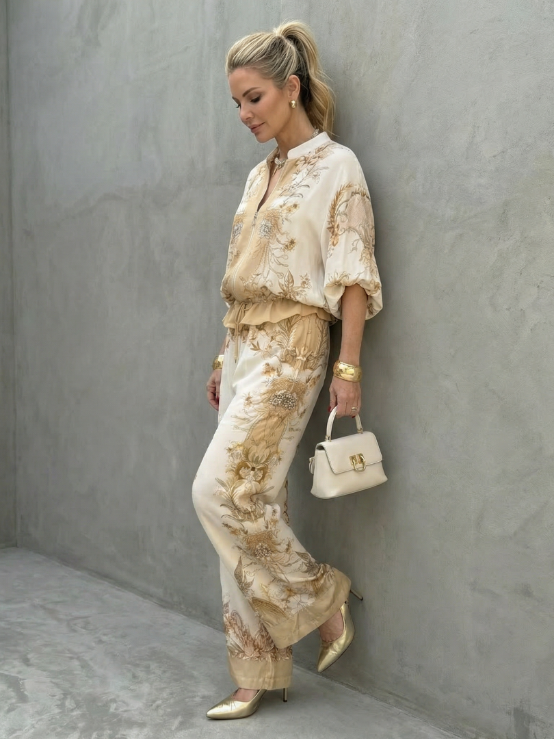 Two-piece set showing zip front and stand neckline