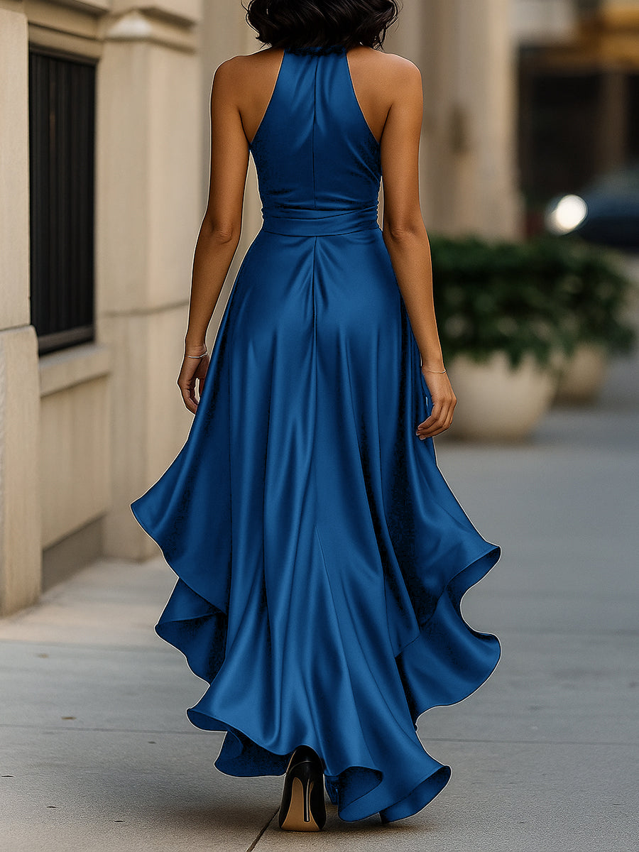 Satin halter gown showing sash tie