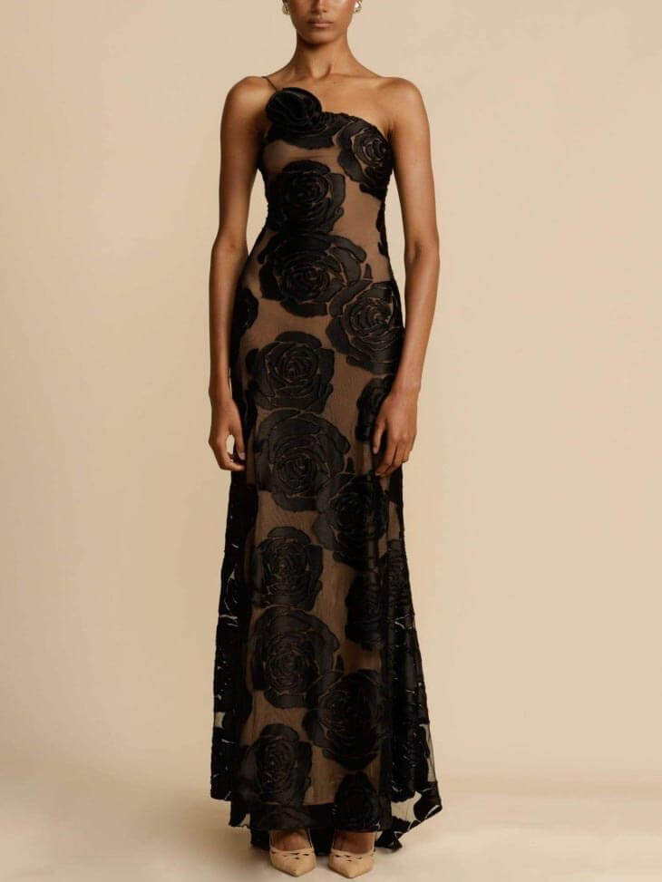 Floral wedding guest maxi dress, side view