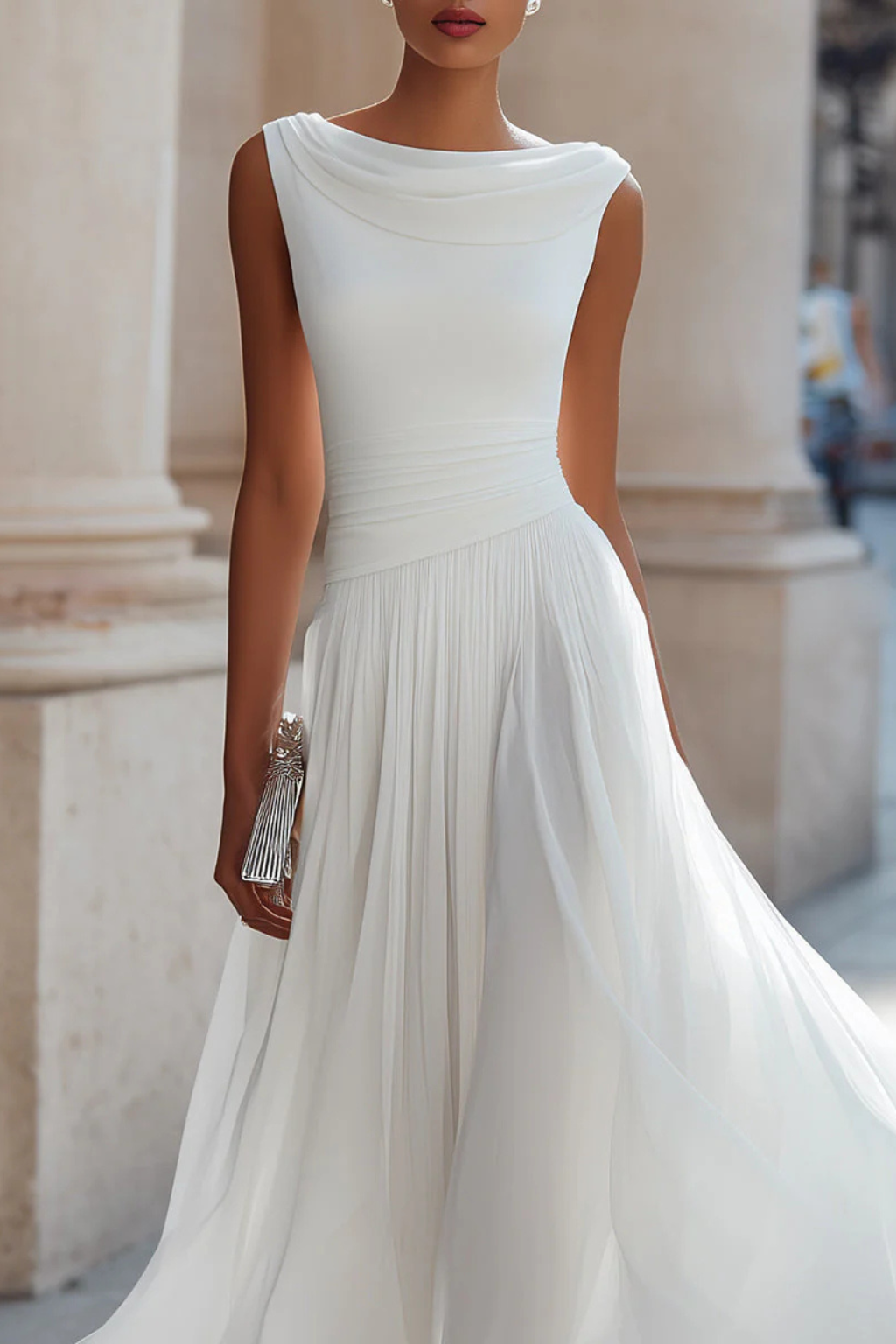 Vivielle | Draped Pleated Midi Wedding Guest Dress
