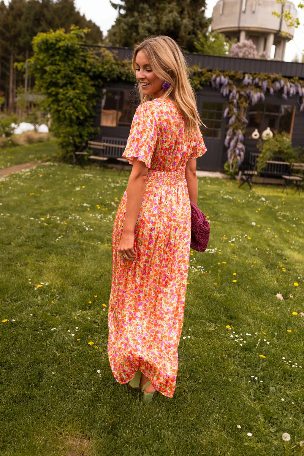 Floral maxi dress showing flowing skirt