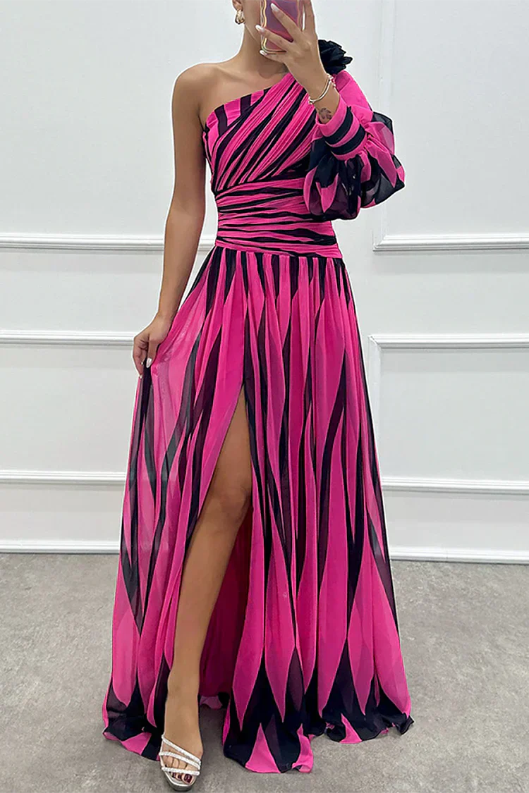 Coraline | Striped One-Shoulder Asymmetric Maxi Wedding Guest Dress