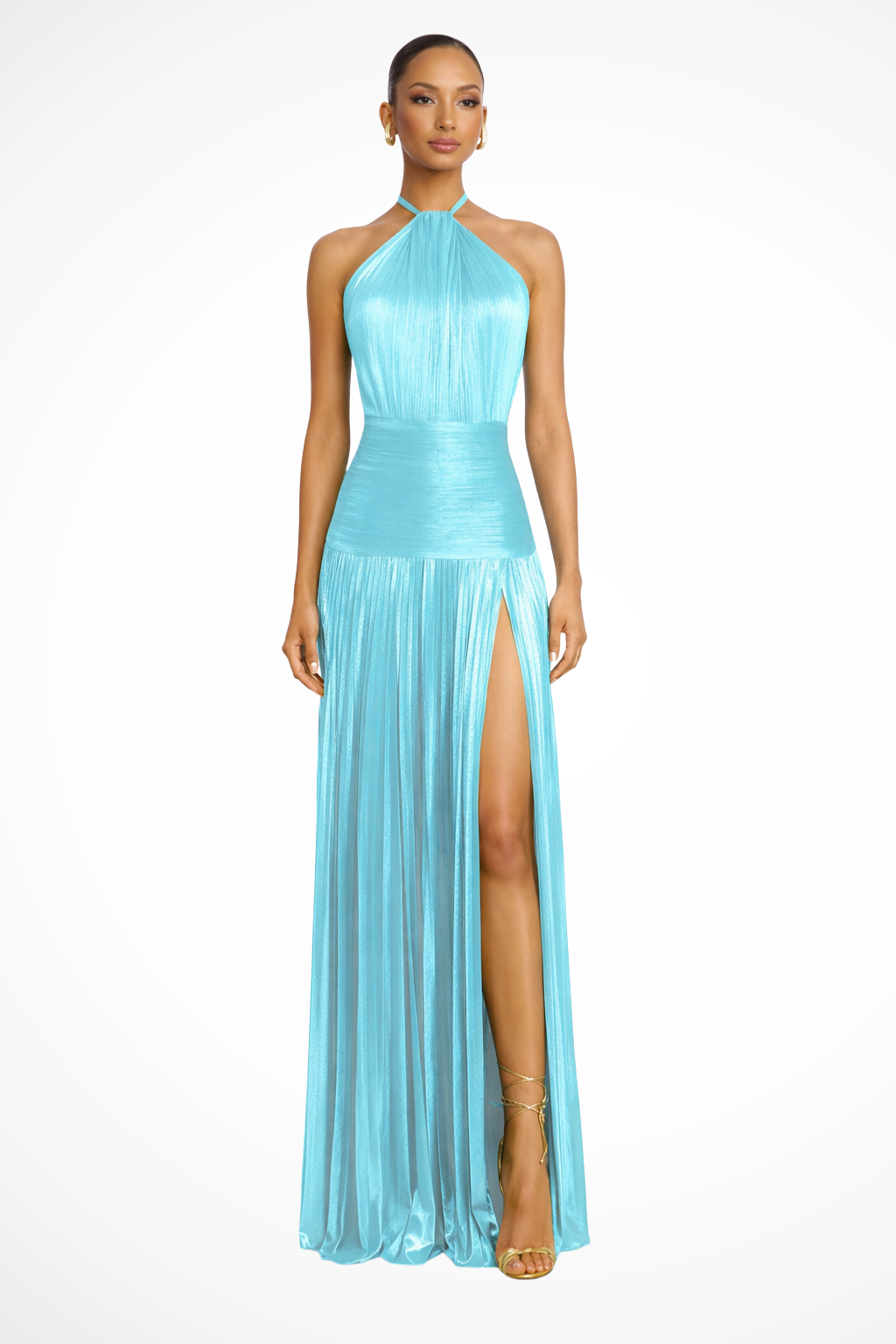 Harlow | Halter Pleated Satin Maxi Wedding Guest Dress