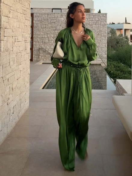 Perpetua satin blouse and wide-leg pants set, view 3