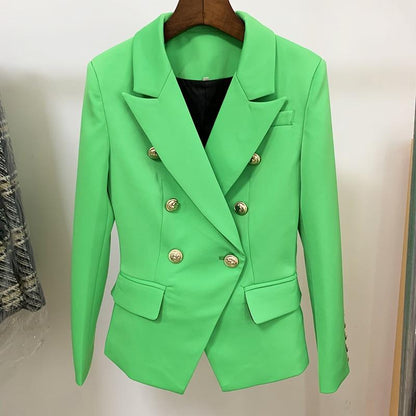 Double-breasted gold button blazer, closing view