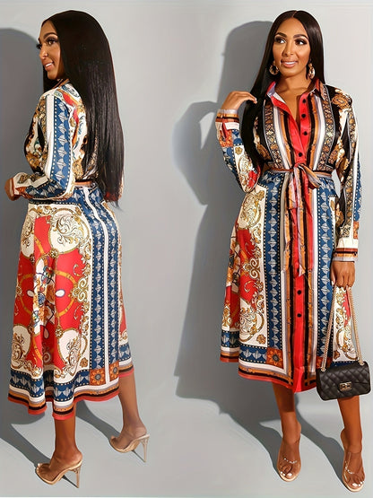 Mid-calf shirt dress, side view