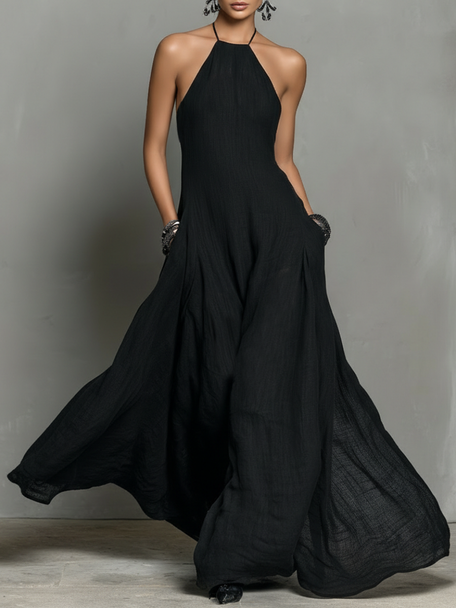 Linen halter maxi dress in black, front view