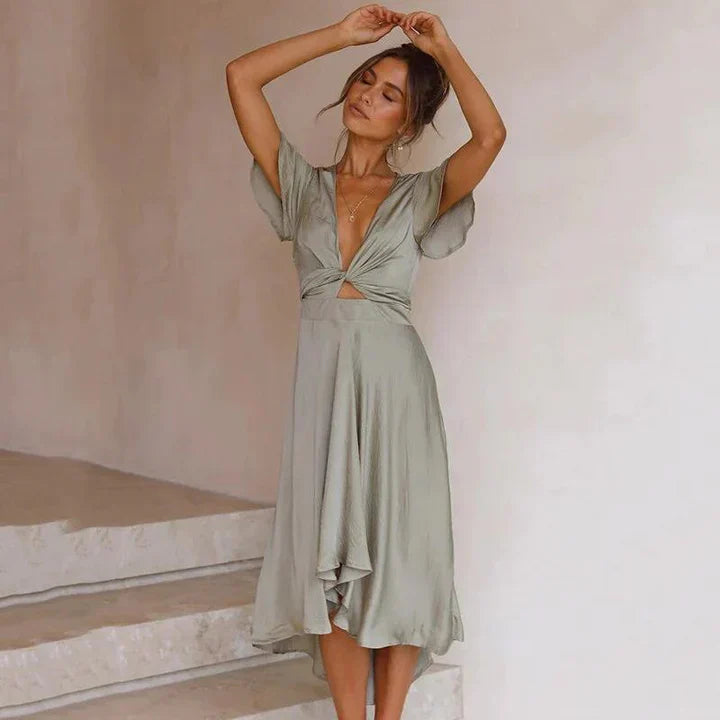 Satin tie-front midi dress front view