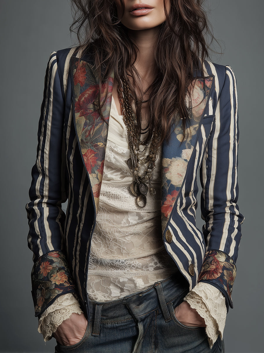 Idony striped bohemian print blazer for women