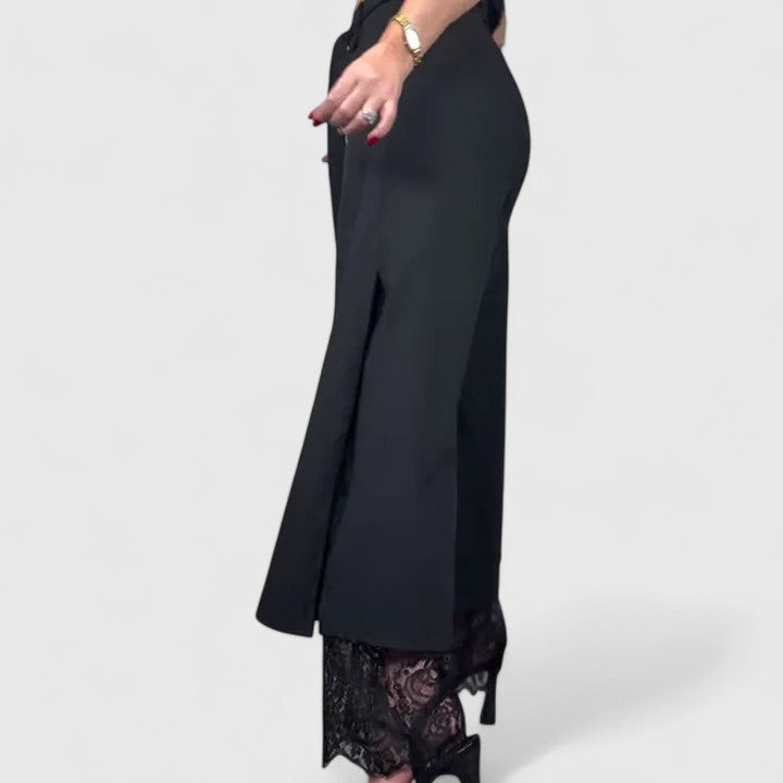 Wide-leg lace trousers, side view