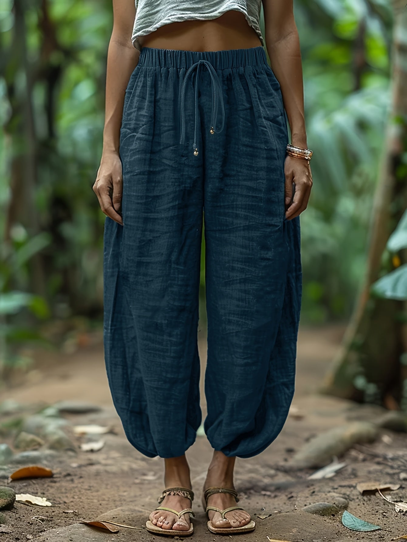 Drawstring lantern trousers, full-length view