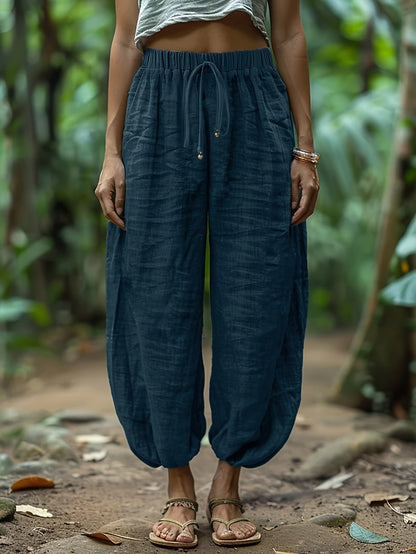 Drawstring lantern trousers, full-length view