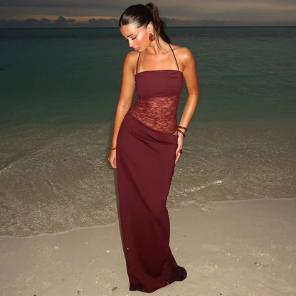 Sabella | Spaghetti Strap Lace Panel Bodycon Maxi Dress