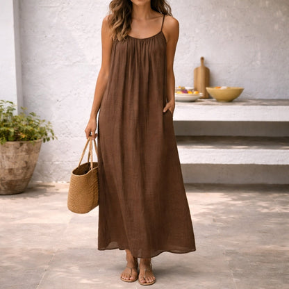 Lenoria | Linen Spaghetti Strap Maxi Sundress with Pockets