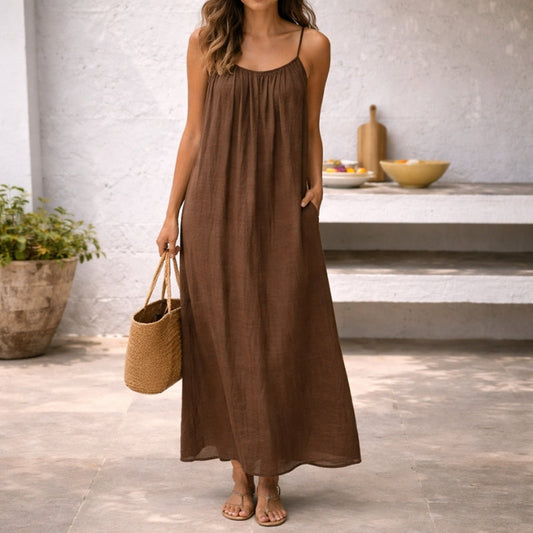Lenoria | Linen Spaghetti Strap Maxi Sundress with Pockets