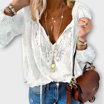 Lace tie-neck blouse in white, front view