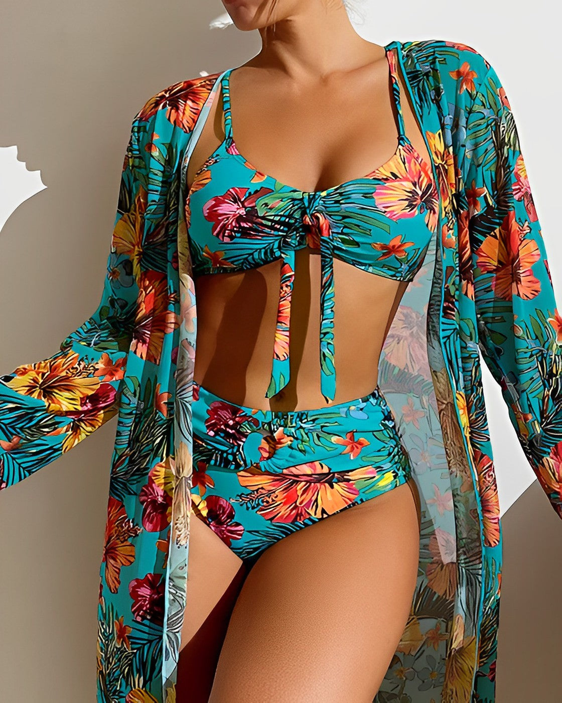 Lorenzia | Tropical Print 3-Piece Bikini Set with Cover-Up