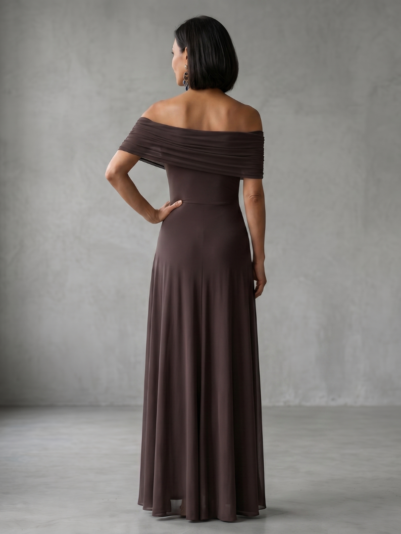 Off-shoulder midi dress showing chiffon layer