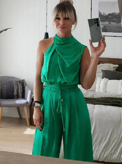 Carolina | V Neck Sleeveless Top & Wide Leg Pants Set