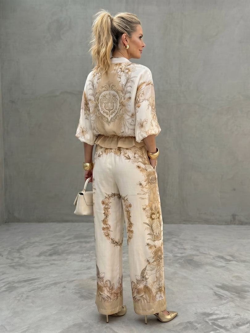 Zip-front blouson two-piece set, back view