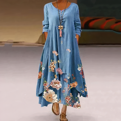 Floral print maxi dress with long sleeves